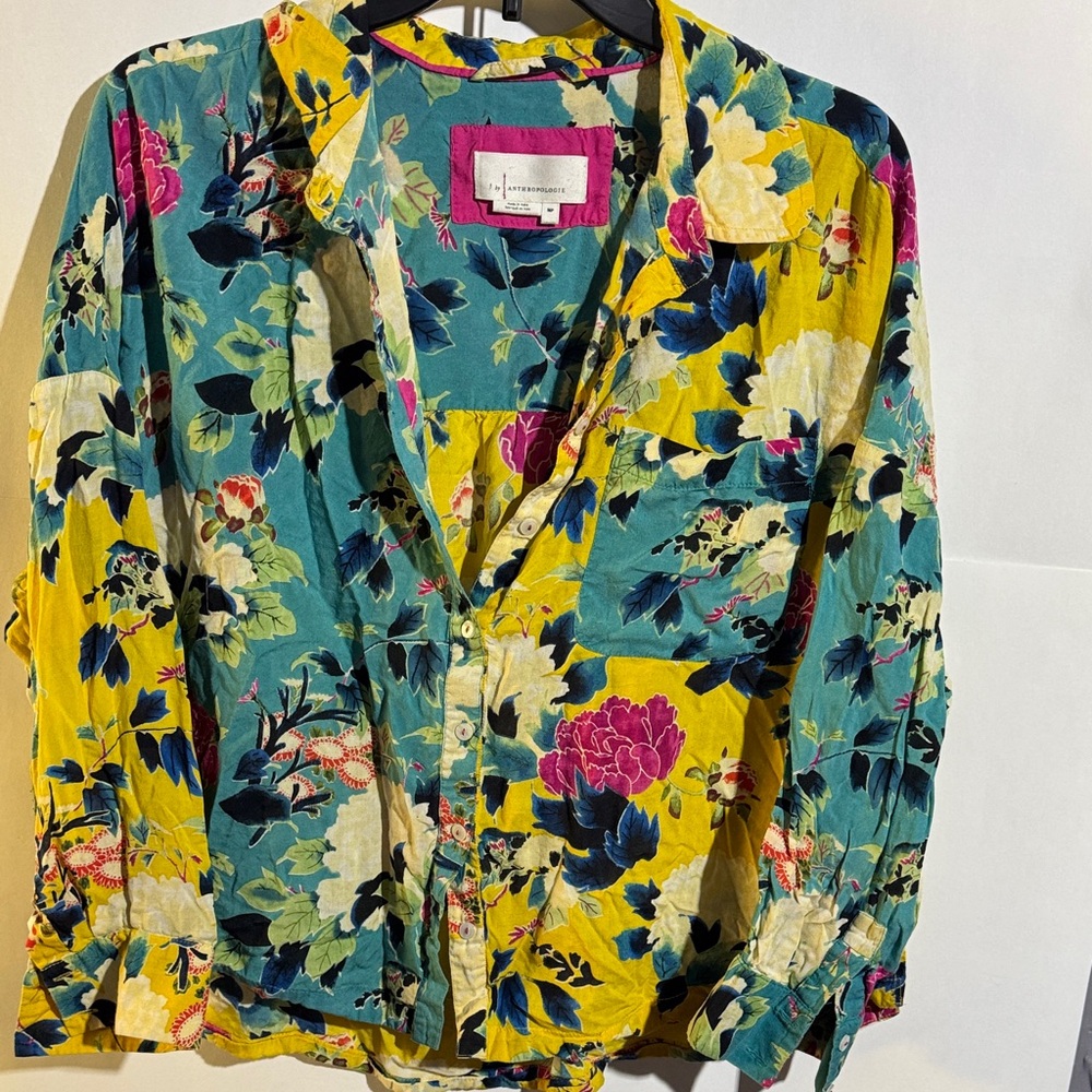 Anthropologie Teal and Yellow Floral Button-Down Shirt